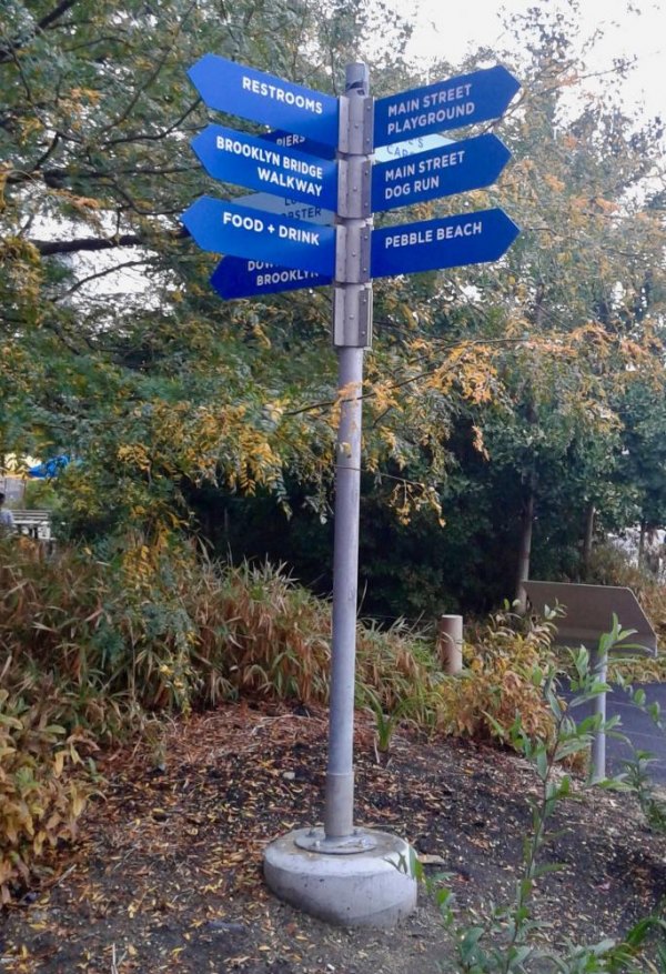 What's New with the Big Ugly RI Thing and Real Signs? Wayfinding Signage in Brooklyn Bridge Park. Why can't RIOC figure this out?